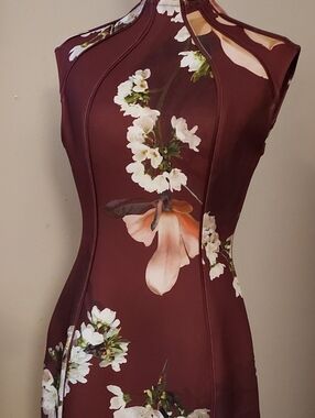Ted Baker Burgundy Floral High-Neck Bodycon Mini Dress